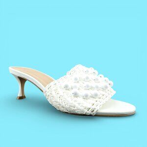 J. Crew White Woven Bead Embellished Slide Mule Heel Sandals 7